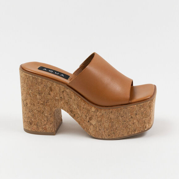 Aqua Women Oliva Slip On Platform High Heel Sandals Cognac Leather Size 6